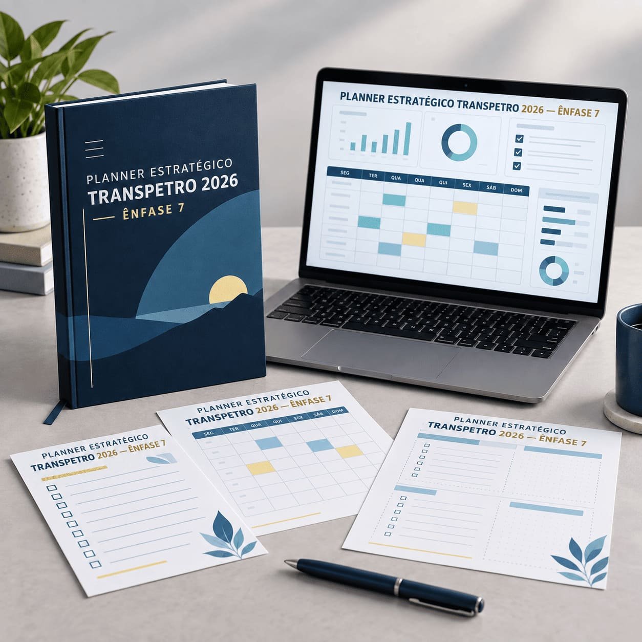 Planner encadernado, painel digital e folhas do Planner Estratégico Transpetro 2026 Ênfase 7