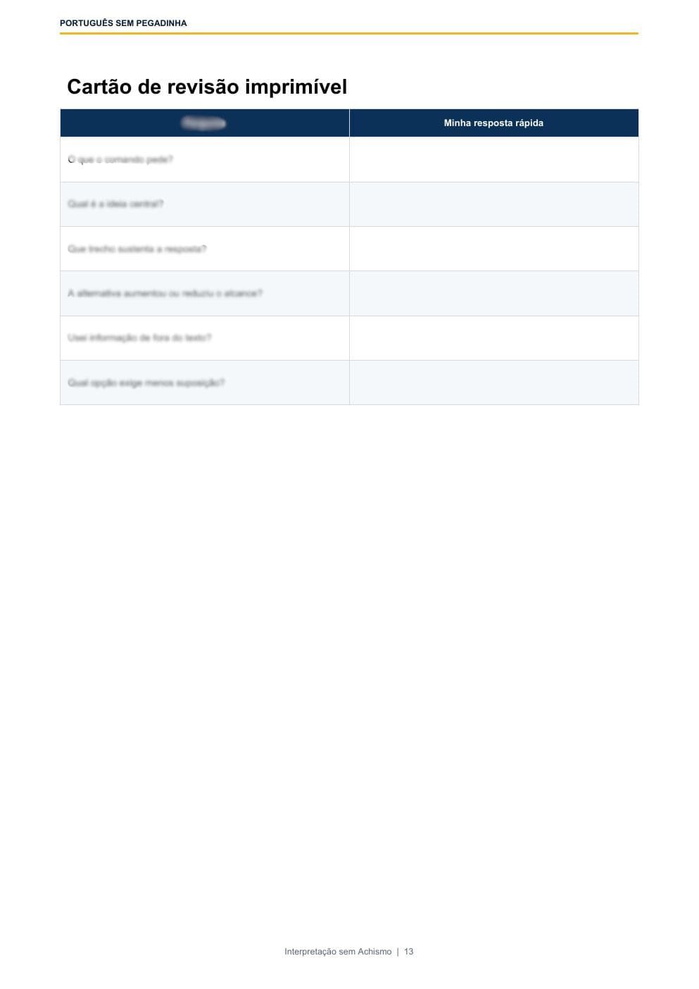 Cartão de revisão imprimível do guia